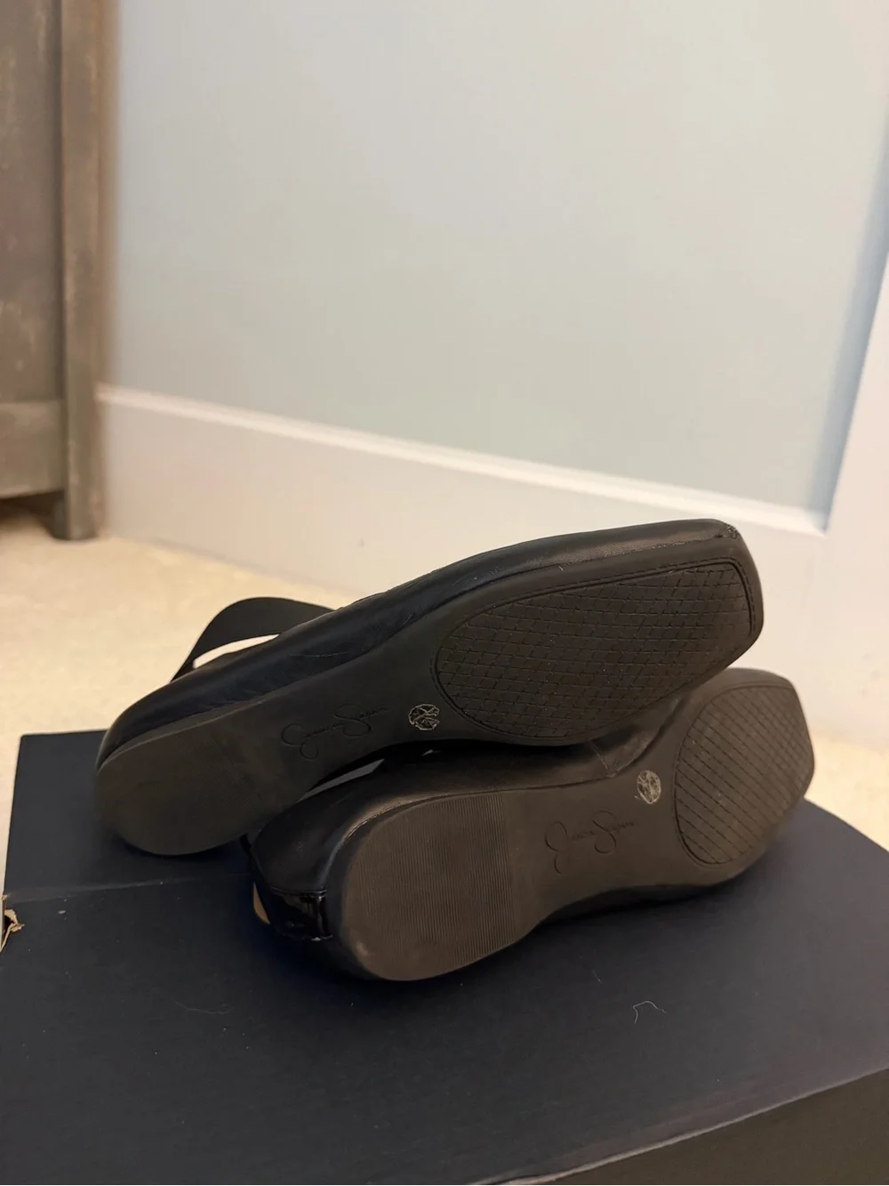 Jessica Simpson Black Leather Ankle-Strap Ballet Flats
